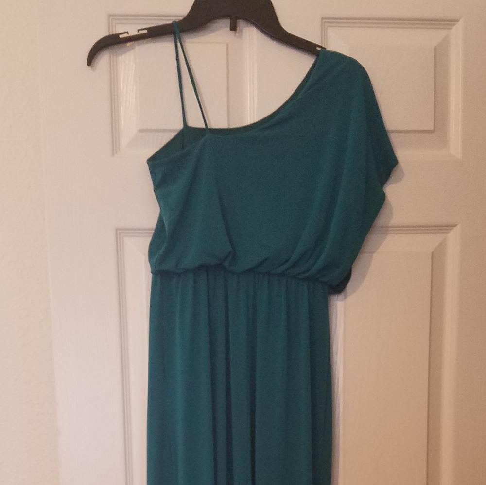 Jade colored, one shoulder dress